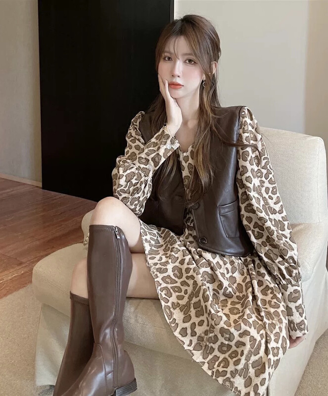 【JH】Net Celebrity Washed Leather Vest + Leopard Print Dress Set 42525# PCZ