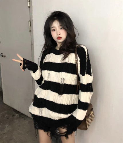 Real shot large size new loose design sense hole in the long striped sweater sweater top women's coat