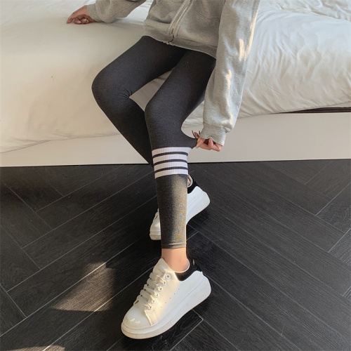 Real shooting undiminished leggings women's outer wear new spring and autumn threaded gray thin skinny leggings high waist and thin