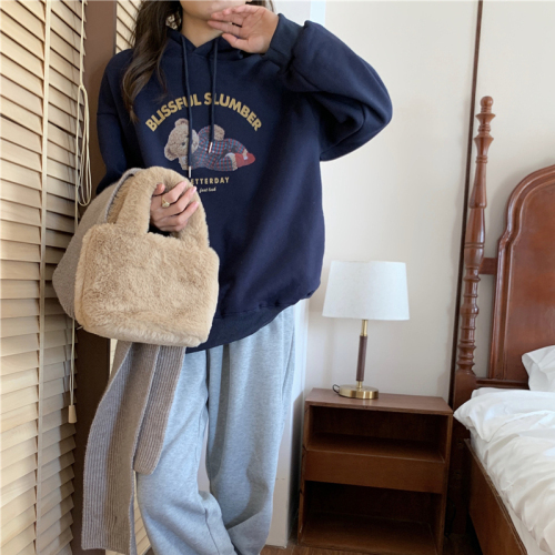 Gray hooded bear sweater spring and autumn new lazy style niche loose jacket women's top trendy ins