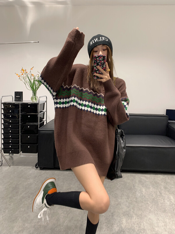 Original price 218.99! New in autumn!  【VANESSA】 Thickened jacquard knitted Japanese mid-length warm sweater 72204-2# OZQ