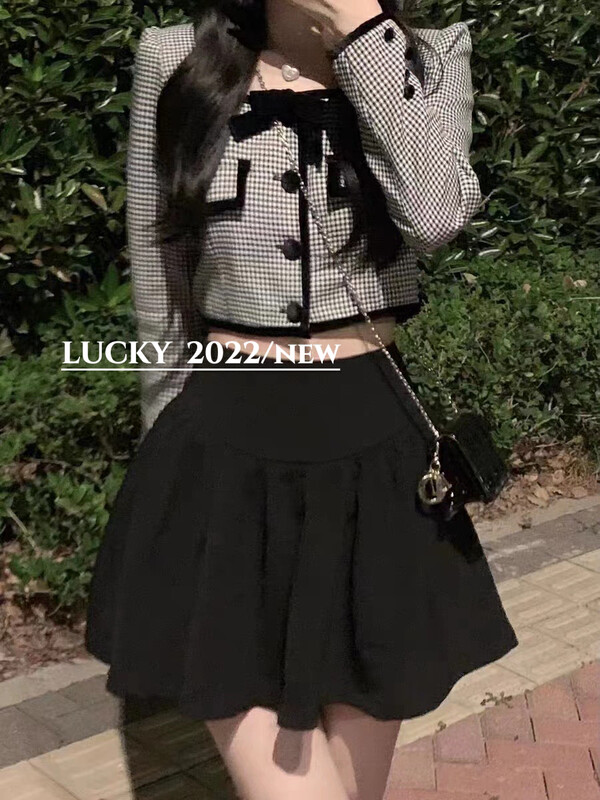 Autumn is new! [LUCKY] Houndstooth square collar top + slim skirt suit 9543# ZXX