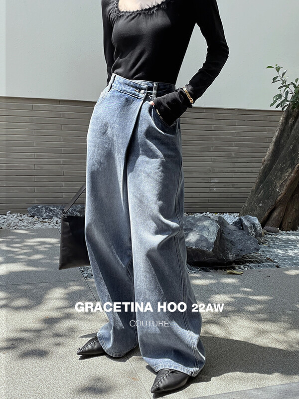 [GRACETINA HOO] Retro slimming oblique placket wide-leg jeans eco-friendly washing modified leg type N253