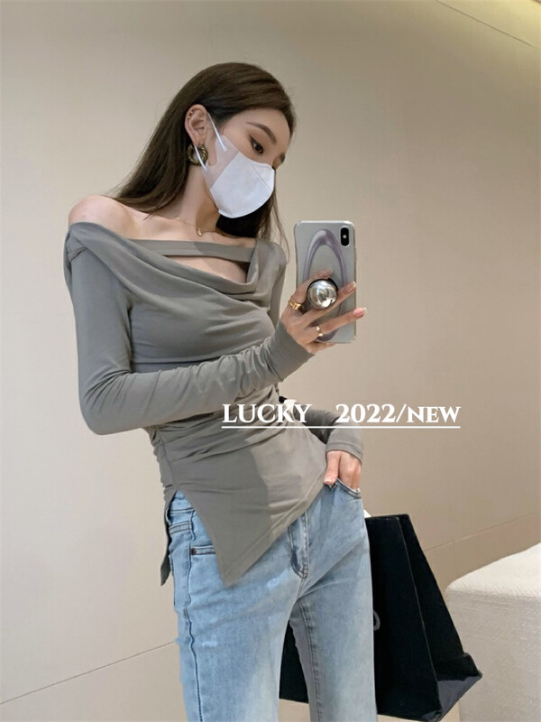 【LUCKY】Irregular design with slits off-shoulder shirt 9341# ZXX