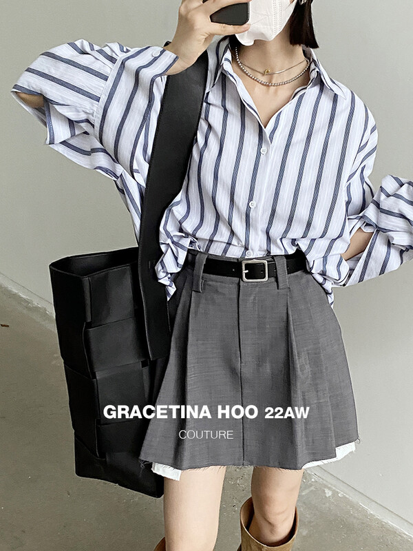 [GRACETINA HOO] stitching design high waist contrast color pleated skirt BQ2228