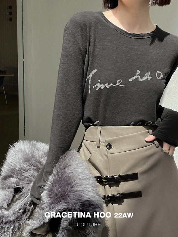 [GRACETINA HOO] niche casual letter printing long-sleeved T-shirt skin-friendly all-match slightly loose T2244