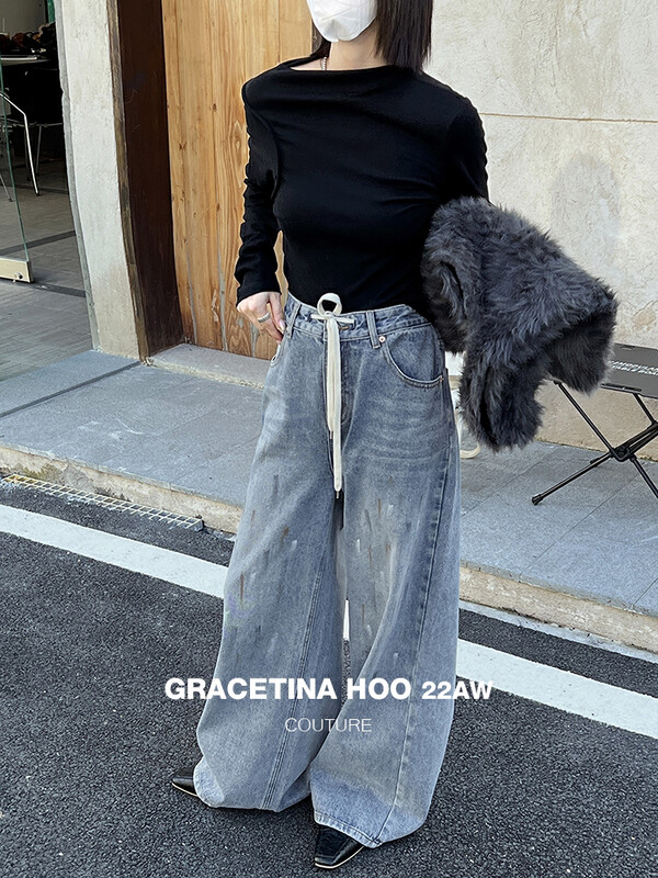 【GRACETINA HOO】Nichuan elastic waist drawstring ink splash jeans lazy loose modified leg shape N252