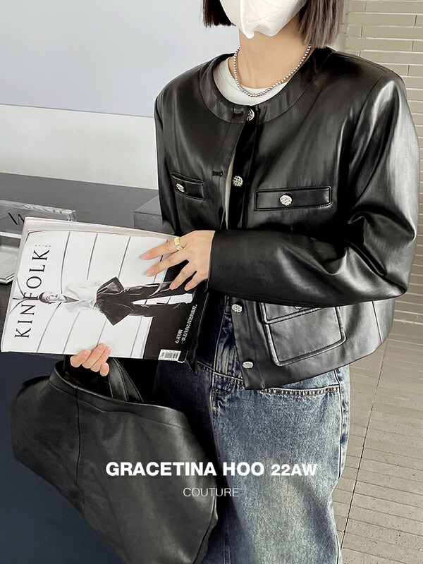 【GRACETINA HOO】Small Fragrance Short Box Collarless Leather Jacket WT569