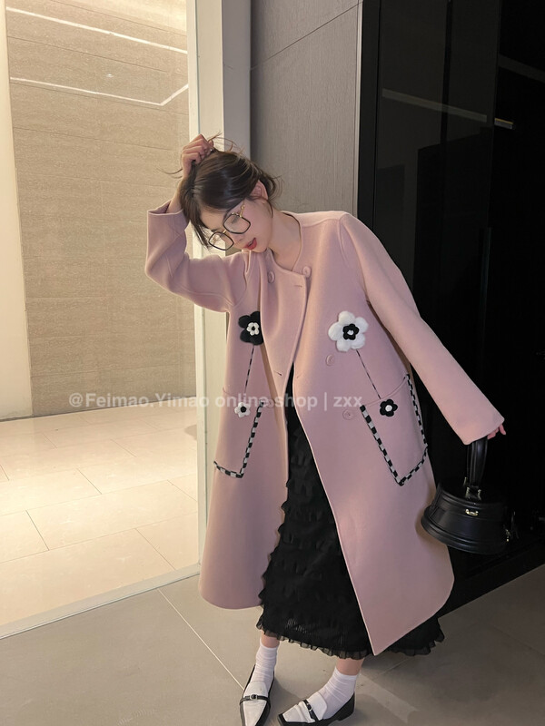 [FEI MAO] New all-match fashion solid color three-dimensional flower loose mid-length wool coat with 70 wool Z-01055
