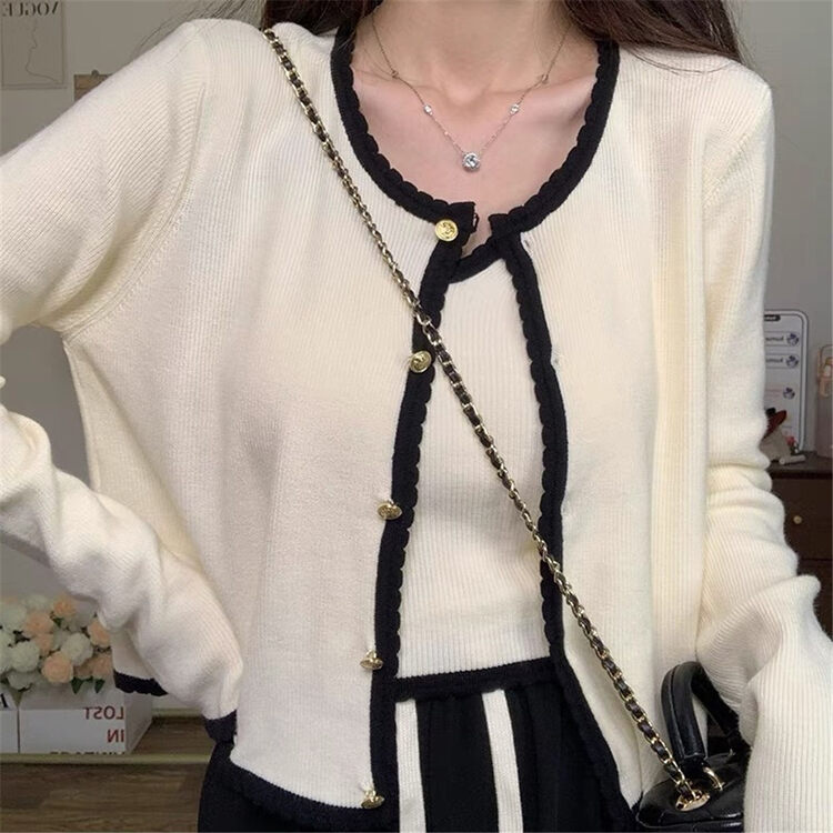 Autumn is new! [ARE YOU] Korean style contrast color knitted cardigan + camisole suit 998# L