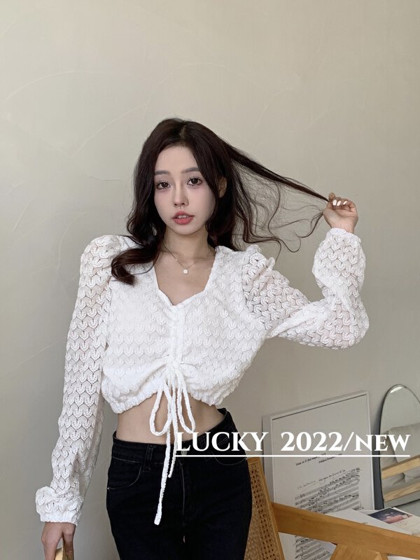 Autumn is new! [LUCKY] pleated design puff sleeve short shirt 9457# ZXX