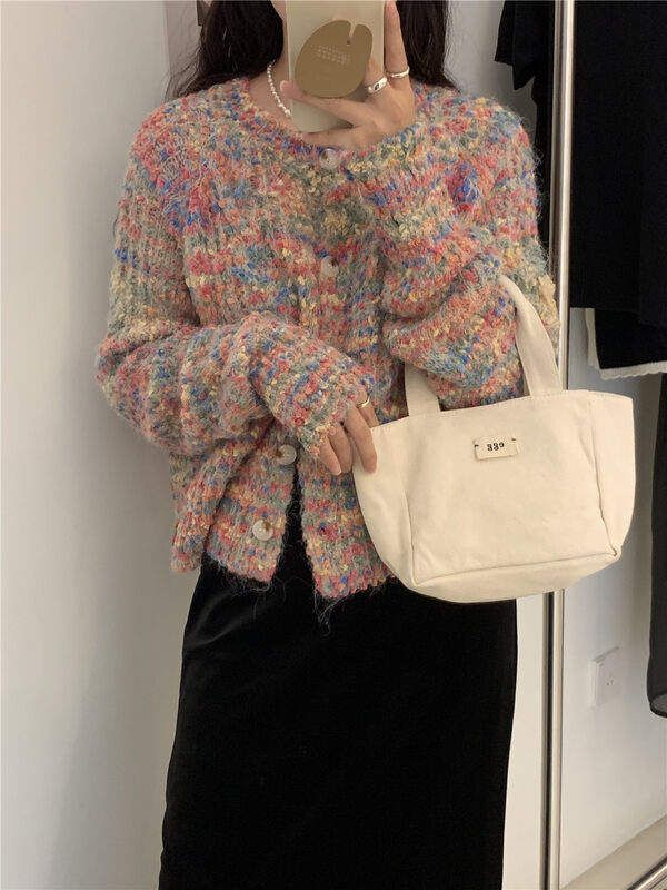 New in autumn!【ARE YOU】Single-breasted color-blocking comfortable all-match knitted cardigan (only cardigan) 193# L