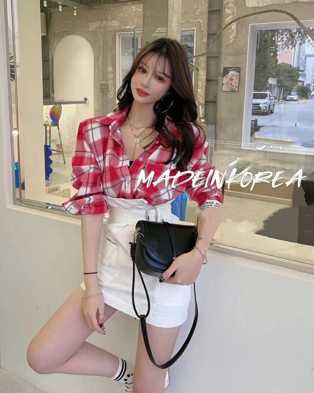 Autumn is new! [JH] Net red plaid shirt + washed denim skirt suit 42829# PCZ