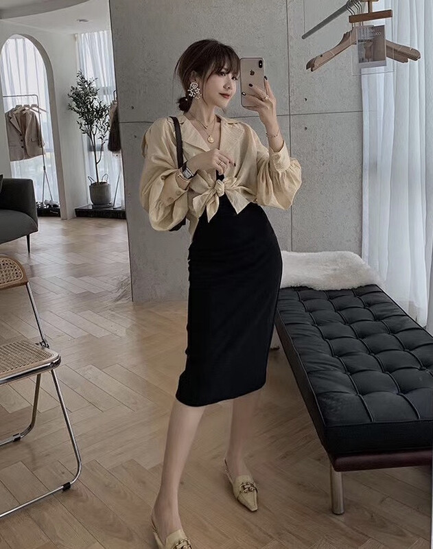 Autumn is new! [JH] Net Red Xiaoxiang Tencel Top + Slim Fit Versatile Skirt Set (Only Selling Sets) 42949# PCZ