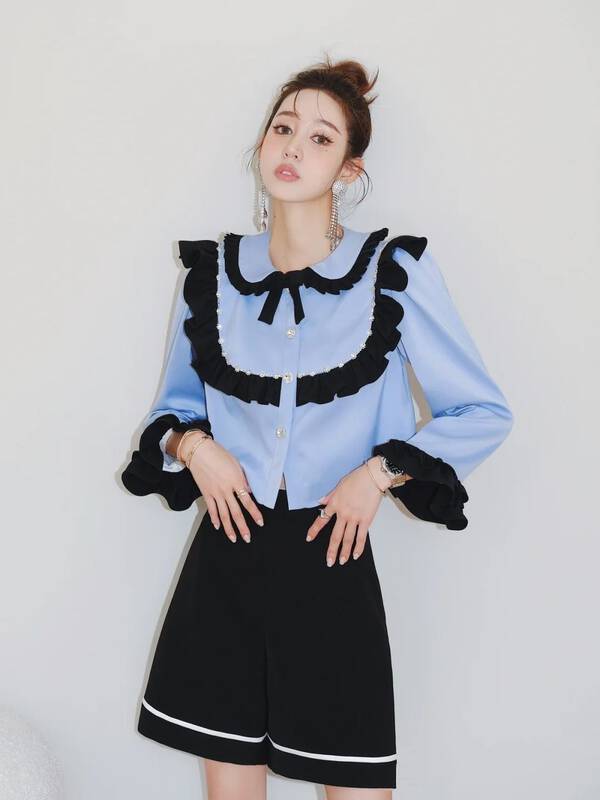 【ALLA EMELIA】Spliced ​​Fashion Doll Collar Shirt (with Bow Brooch) S669# JHY