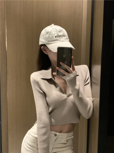 chic retro korean style all-match knitted bottoming shirt women's autumn 2022 new style sweater short long sleeve top