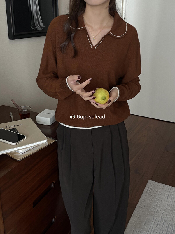 Autumn is new! [6-UP] Korean version of the contrast color v-neck warm sweater (including 6% mercerized wool) 69193# CQW