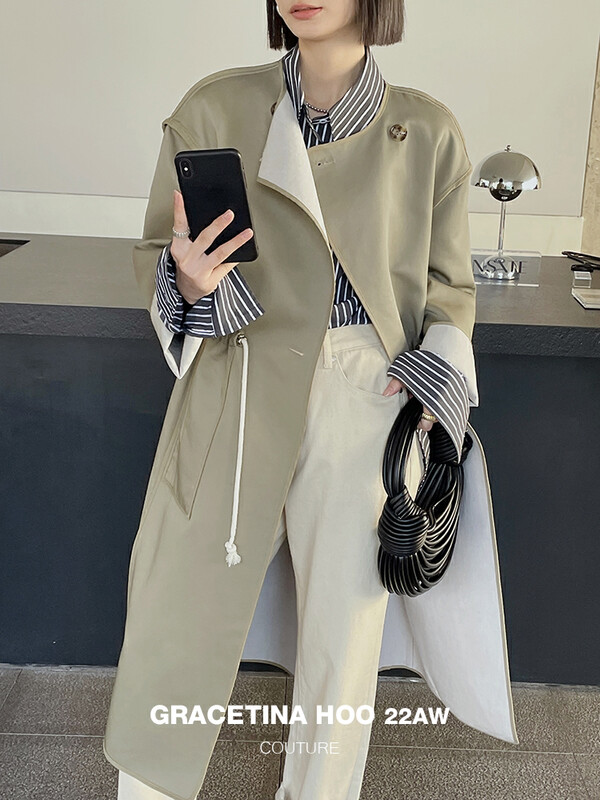 [GRACETINA HOO] Two-wear fashionable drawstring long windbreaker with imported composite craftsmanship and wide texture F138