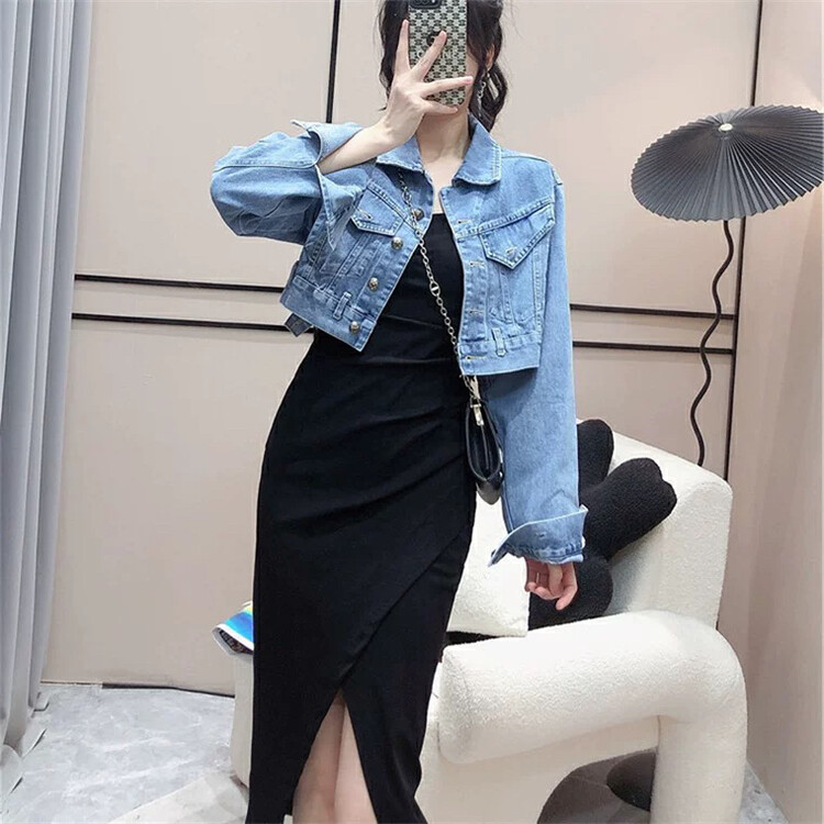 Autumn New!【L.L STUDIO】Korean Short Denim Jacket + High Waist Sling Slit Dress Suit 77810# PCZ
