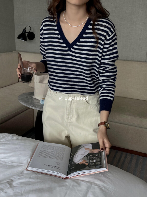 Autumn is new! [6-UP] V-neck striped all-match warm sweater (including 32% wool) 69085# CQW