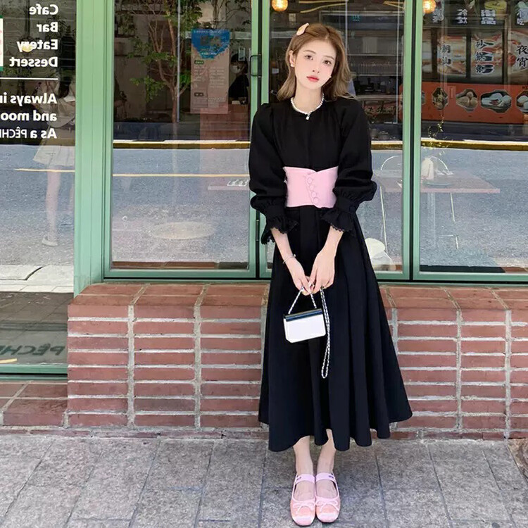 Autumn is new!【L.L STUDIO】Korean temperament waist-contrast color dress (with belt) 77979# PCZ