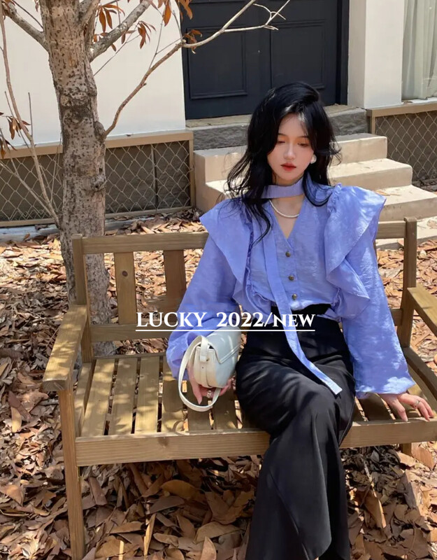 Autumn is new! [LUCKY] Design niche V-neck ruffled Western-style shirt (no accessories) 9430-1# ZXX
