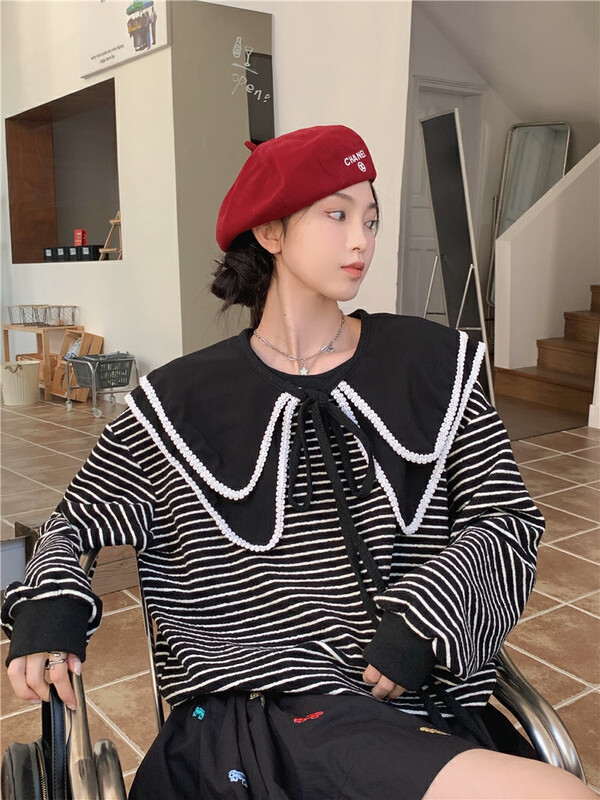 New in autumn! [Timely rain] Korean style ins retro design doll collar loose all-match striped sweater (with detachable collar) A2089# WPL