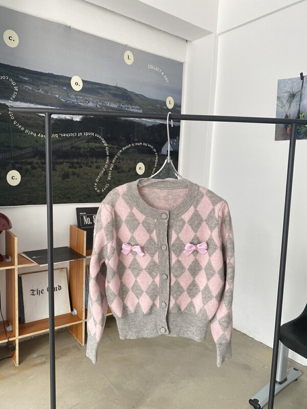 [FEI MAO] New bow checkerboard grid all-match cardigan jacket sweater Z-4601