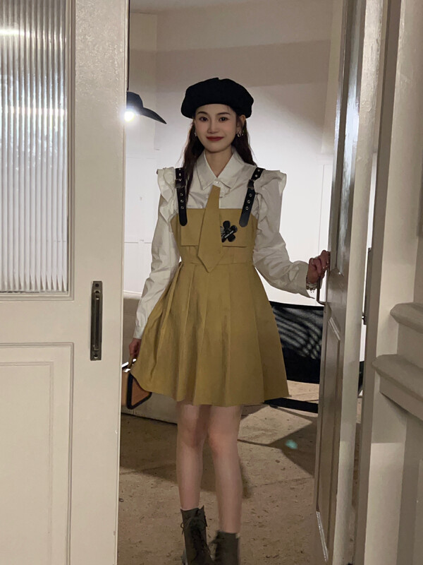 【FEI MAO】Fake Tie Shirt and Strap Dress Two Piece Set Z-8498