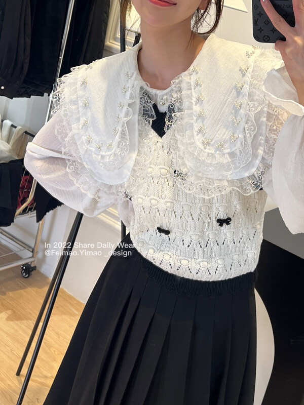 【FEI MAO】New Korean version of the retro three-dimensional bow casual V-neck contrast color all-match vest Z-3104# CQW