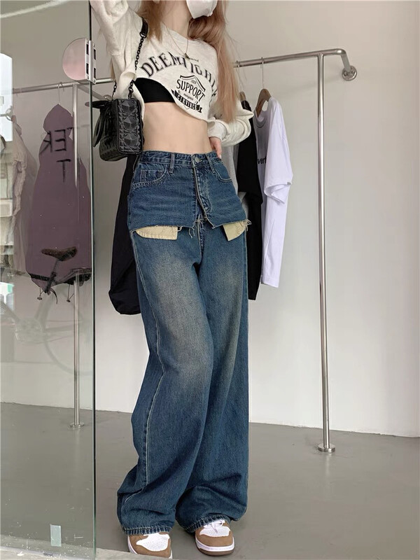 New in autumn! [JIAJIATMMT Muli] Korean fake two pieces of jeans with irregular design 8971# L
