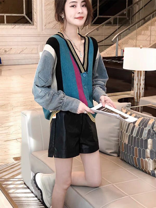 New in autumn! [Fire Music] stitching small fragrance V-neck knitted cardigan 1384# WTT