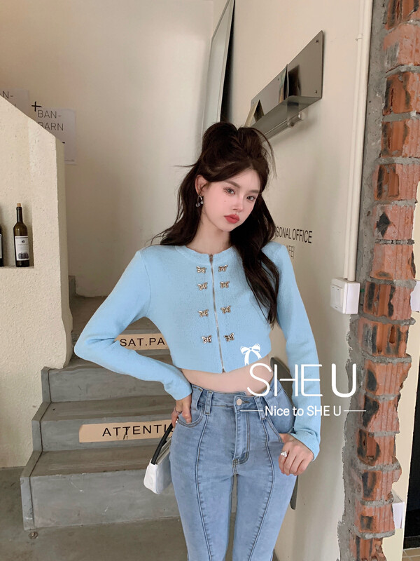 [SHE U] Korean pure desire zipper bow knitted sweater cardigan 51089