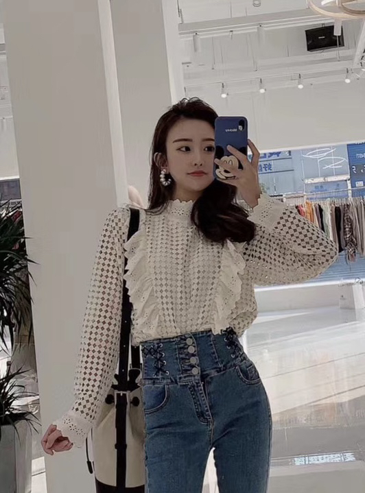 New in autumn! [JH] Net red Xiaoxiang embroidered ruffled shirt 42759# PCZ