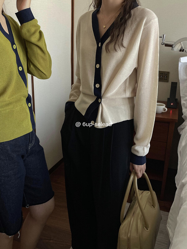 Autumn is new! [6-UP] Korean version of fashion simple contrasting color knitted cardigan short jacket 69185# CQW