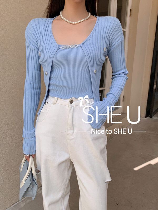 【SHE U】Pure Desire Solid Color Love Sling Knit Sweater (Two Piece Set) 81072# JHY