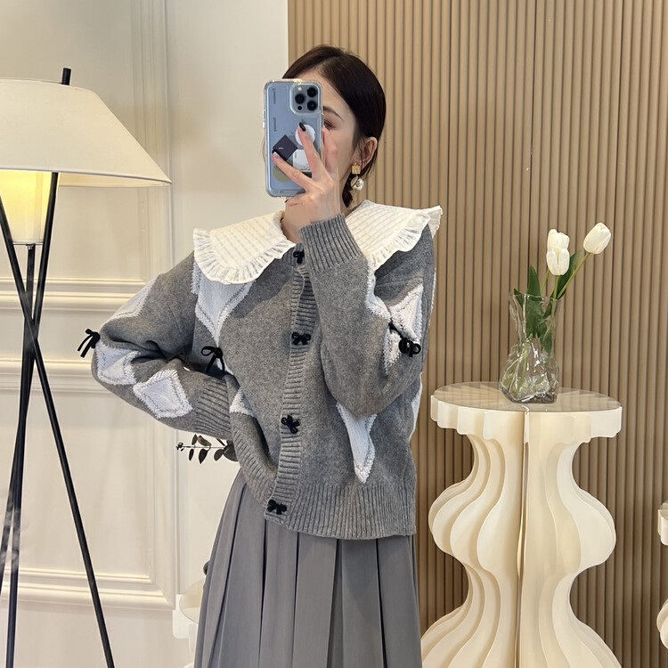 【FEI MAO】New handmade bow knitted cardigan rhombus short knitted sweater warm sweater Z-3056# CQW