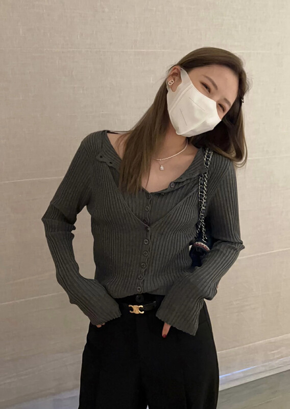 Autumn is new! [SAVAGE] Retro V-neck single-breasted slim fit and thin threaded fake two-piece knitted sweater E9699# WPL