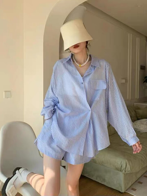 New in early autumn!  【L.L STUDIO】Slimming loose striped shirt➕ elastic waist casual shorts suit 77275# PCZ