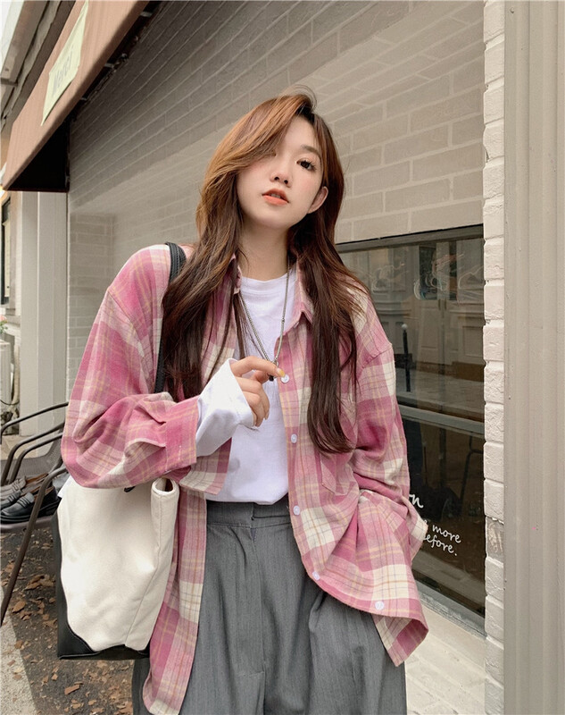 New in autumn! [Timely rain] Korean style ins retro design plaid slimming loose shirt 17526# WPL