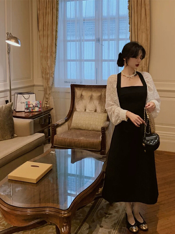 Autumn is new!【L.L STUDIO】French retro stitching puff sleeve backless dress 78018# PCZ