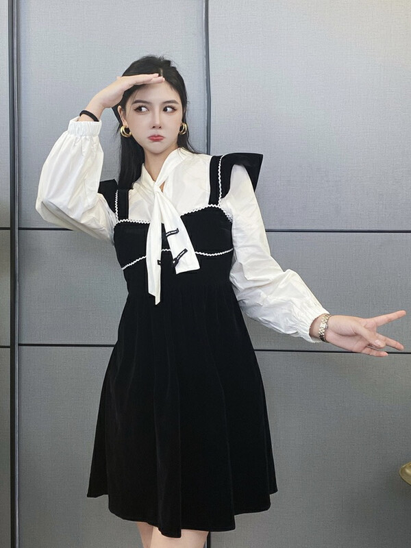Live ②! Autumn models are new! [JH] Net red knot shirt + sweet age reduction vest dress suit (with brooch) 43006# PCZ