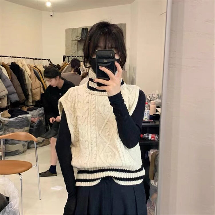 New in autumn!【ARE YOU】High collar sleeveless comfortable color matching vest 262# L