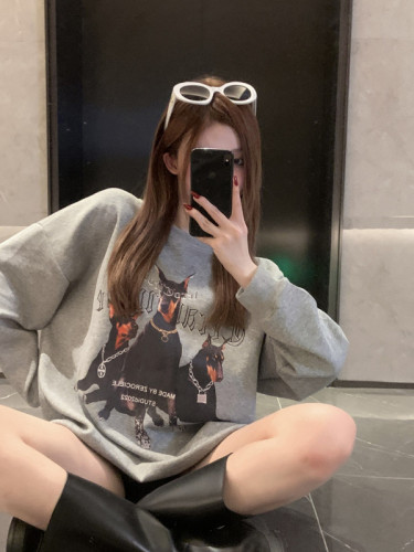 Real shot real price Doberman print long-sleeved pullover Korean version loose mid-length hooded sweater women's new lazy style