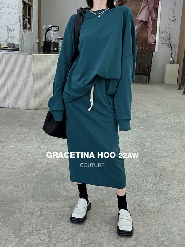[GRACETINA HOO] Lazy round neck raglan sleeve sweater skirt suit elastic waist drawstring adjustment TZ672