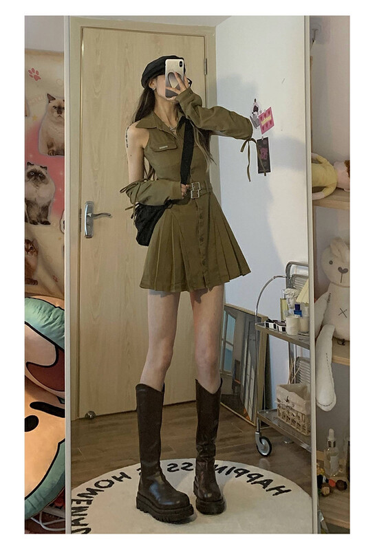 New in early autumn!【L.L STUDIO】American hot girl waist dress (with belt/detachable sleeves) 77690# PCZ