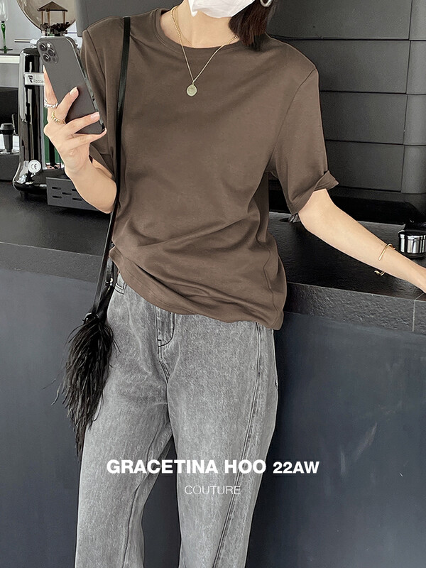 【GRACETINA HOO】Simple solid color loose casual short-sleeved T-shirt T2236# CQW