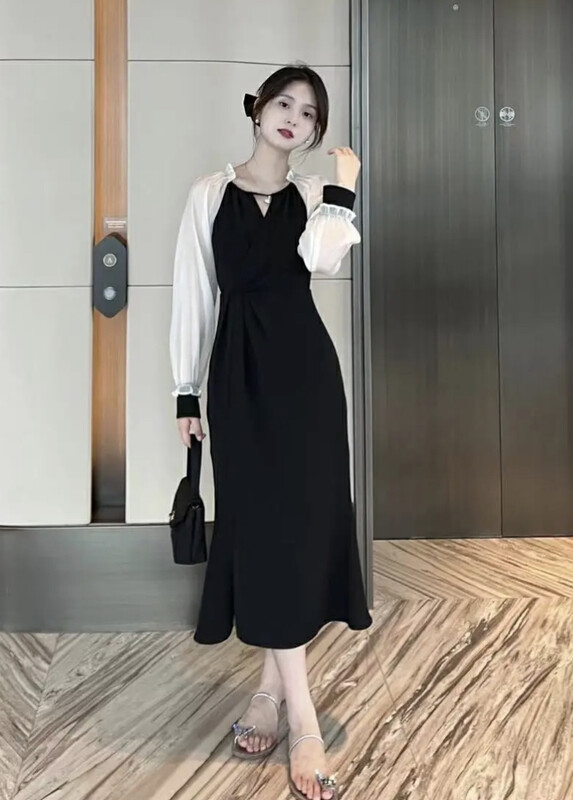 New in early autumn! [JH] Net red long stitching contrast color dress 42540# PCZ