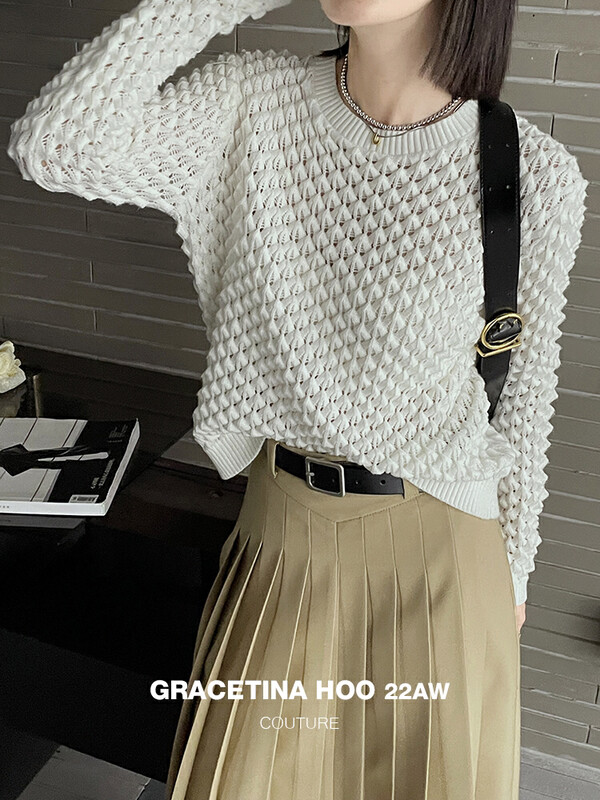 【GRACETINA HOO】Three-dimensional crochet hollow jacquard sweater Z323