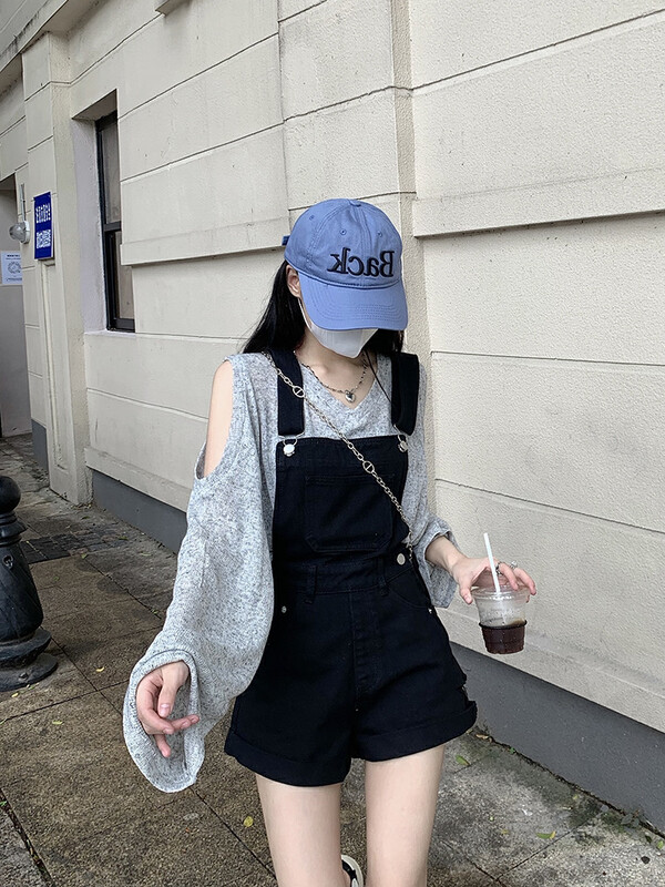Original price 178.99! New for autumn! [Timely rain] Korean style ins hollow off-shoulder top + retro high waist slim denim overalls suit 10075# WPL